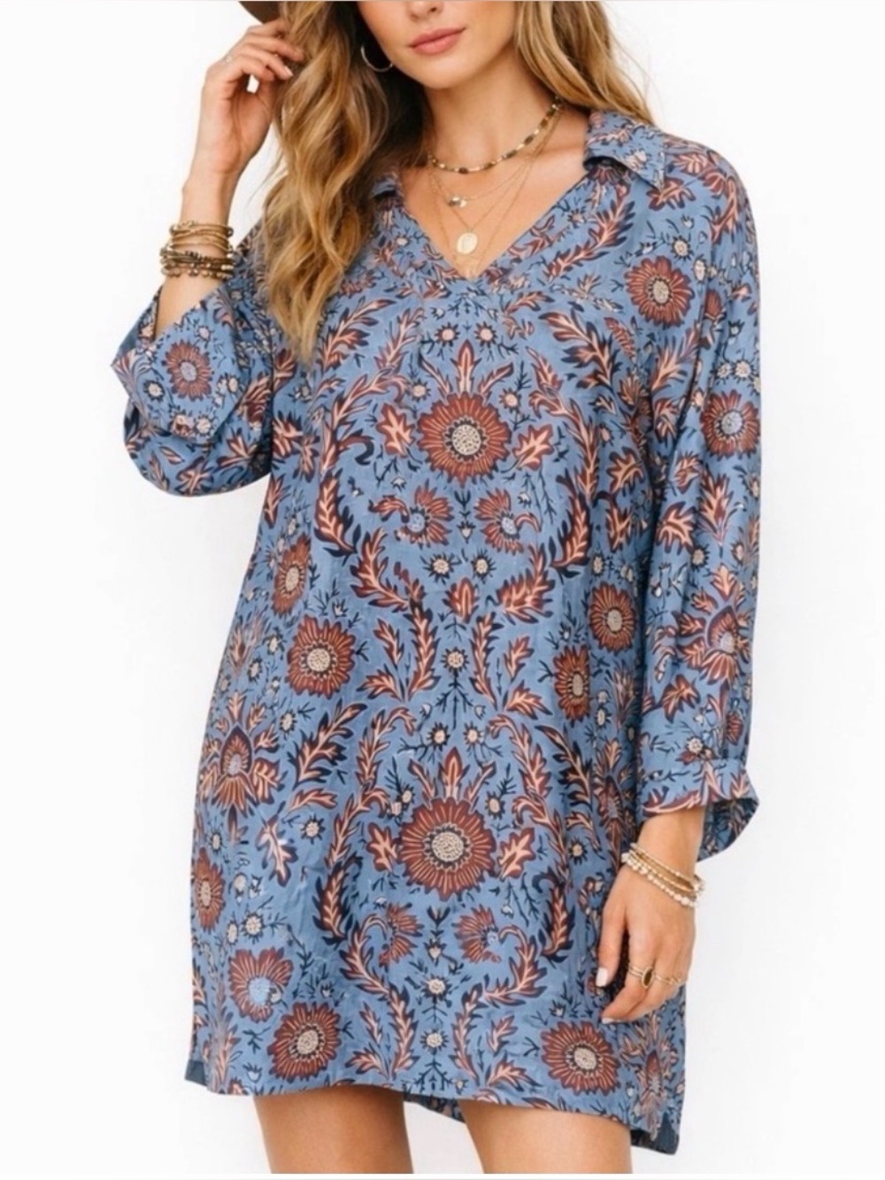 CAbi Blue Floral V-Neck Tunic Dress with Rust Accents